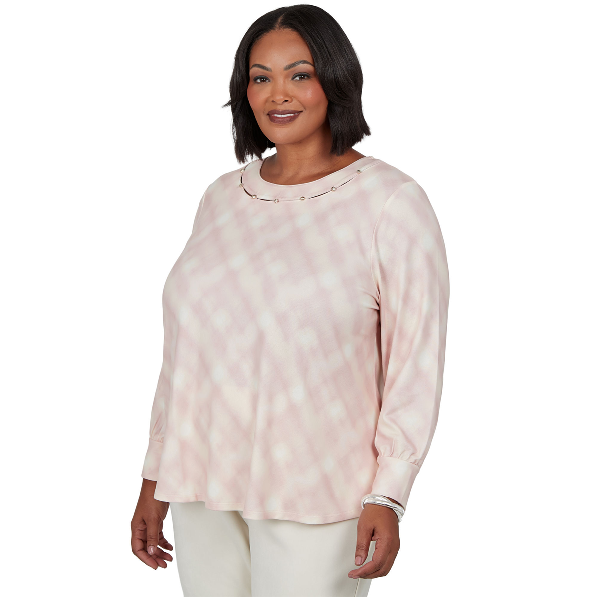 Plus Size Emaline Soiree Embellished Neck Abstract Plaid Sweater