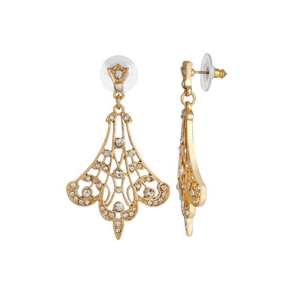 1928 Jewelry Gold-Tone Crystal Fan Filigree Earrings - image 