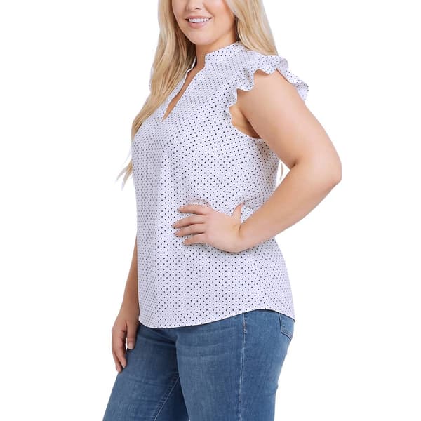 Plus Size NY Collection Ruffle Sleeve Dot Poplin Blouse