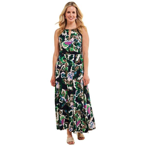 Womens Sandra Darren Sleeveless Floral Hardware Neck Maxi Dress - image 