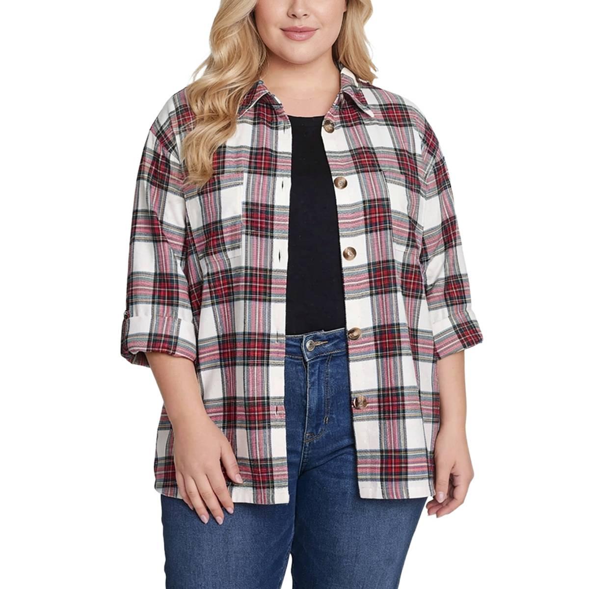 Plus Size NY Collection 3 Quarter Rolll Sleeve Bd Plaid Diuble B
