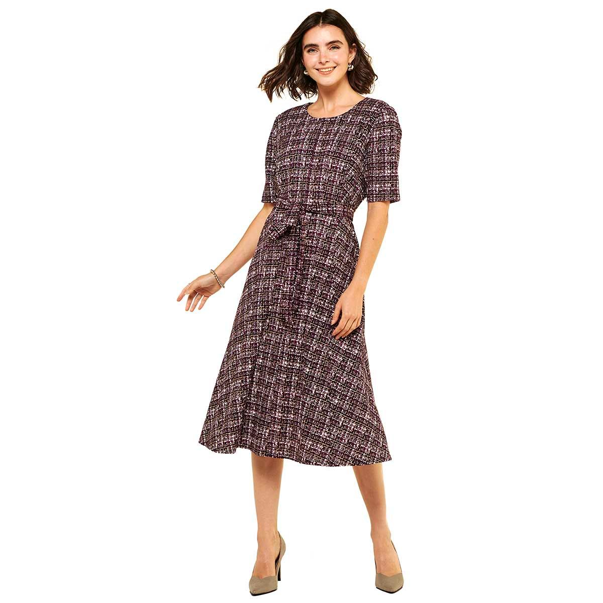 Womens Perceptions Elbow Sleeve Foil Plaid A-Line Dress