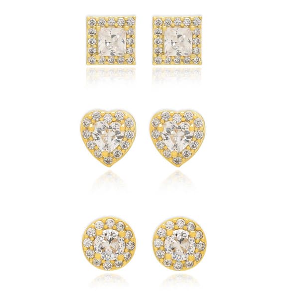 3pr. Gold Plated & CZ Heart/Round/Square Stud Earrings - image 