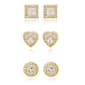 3pr. Gold Plated & CZ Heart/Round/Square Stud Earrings - image 1