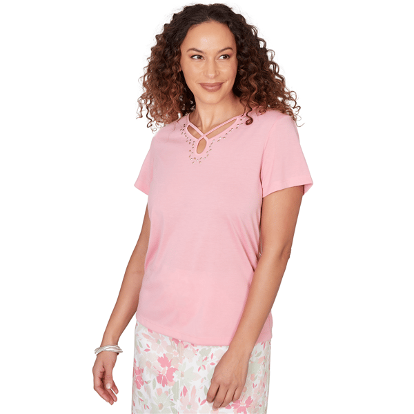 Womens Hearts of Palm Bloom Service Keyhole Neck Solid Blouse