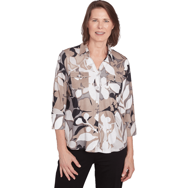 Women Alfred Dunner 3/4 Sleeve Shadow Leaf Button Front Top - image 