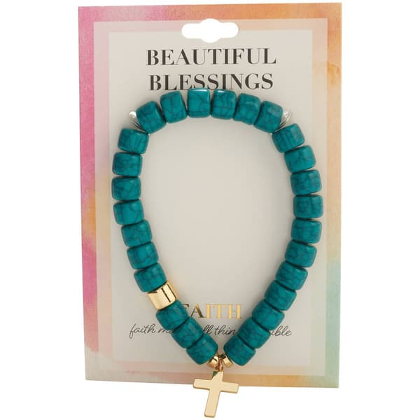Beautiful Blessings Stretch Turquoise Beaded Cross Charm Bracelet - image 