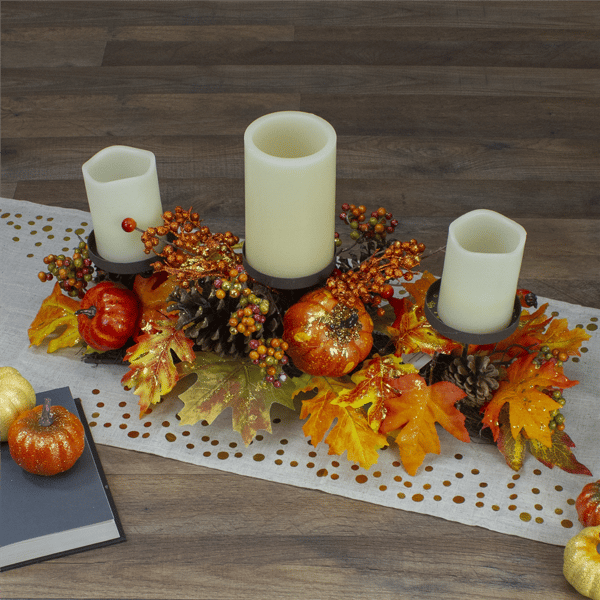 Northlight 21in. Fall Harvest Leaves & Pumpkins Candle Holder