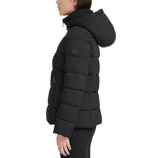 Womens Kenneth Cole&#174; Short Stretch Puffer Coat with Fleece Hood