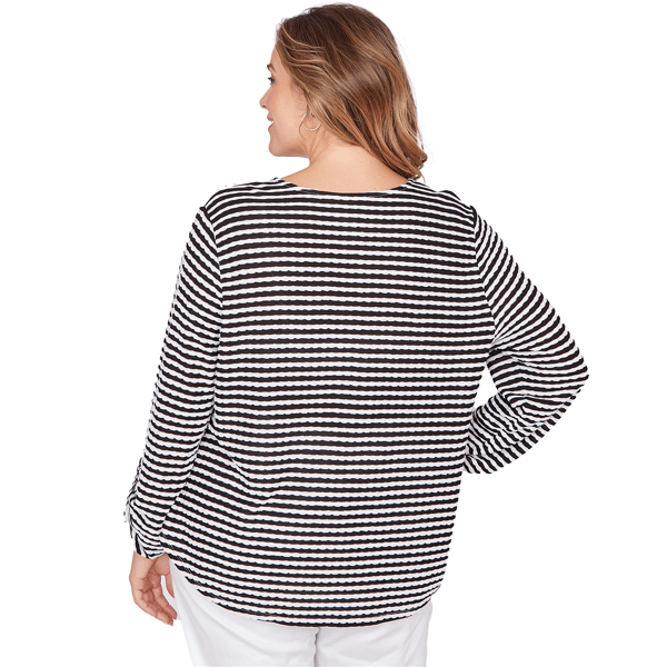 Plus Size Ruby Rd. Must Haves I Roll Tab Sleeve Stripe Blouse