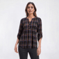 Womens Notations 3/4 Sleeve Plaid Pleat Blouse - Black Rust - image 2