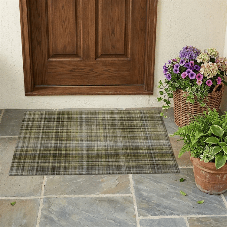 HomeRoots Green Beige & Grey Plaid Non Skid Accent Rug