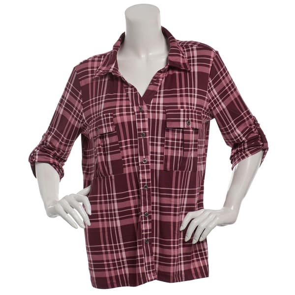 Womens Hasting & Smith 3/4 Roll Tab Plaid Button Front Blouse
