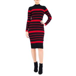 Womens Nina Leonard Rib Stripe Turtleneck Knit Sweater Dress