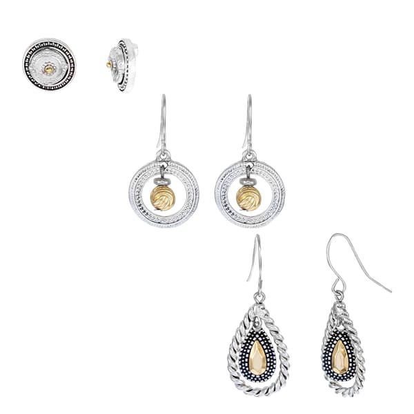 Ruby Rd. Two-Tone Set of 3 Studs & Orbital Drop Earrings - image 