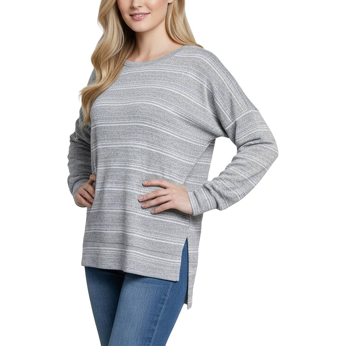 Petite NY Collection Long Sleeve Crew Neck Stripe Hacci Blouse