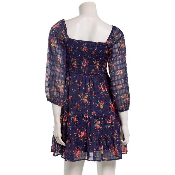 Juniors Jolt Long Sleeve Pucker Chiffon Smock Bodice Skater Dress