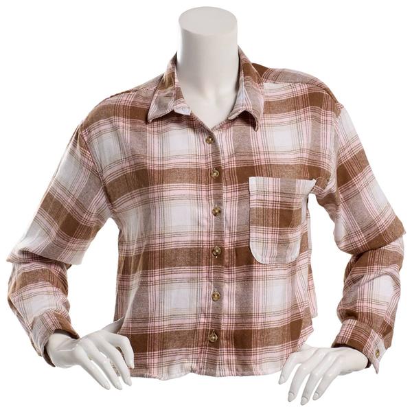 Juniors No Comment Crop Plaid Flannel Top- Pink - image 