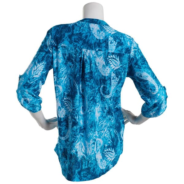 Plus Size Notations 3/4 Sleeve Print Jacquard Knit Pleat Henley