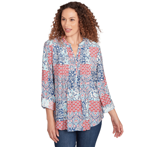 Petite Ruby Rd. Indigo Go Pintuck Patchwork Henley Blouse