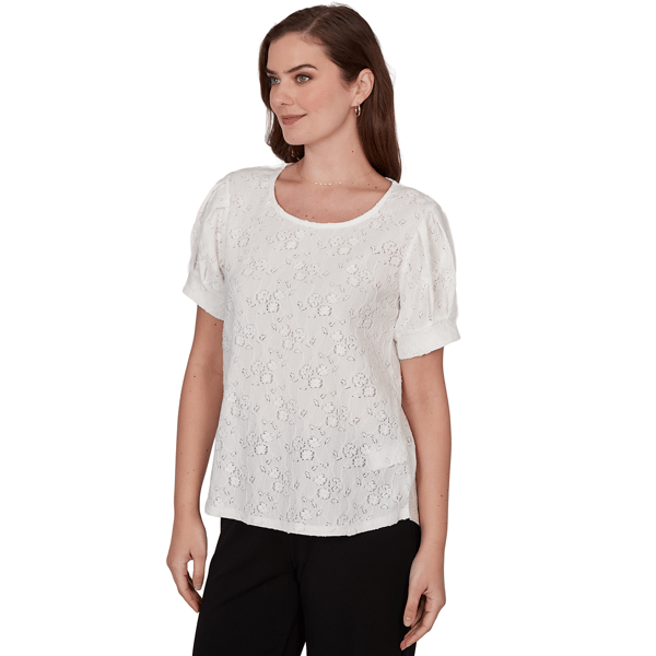 Womens Emaline Enchanted Bloom Short Sleeve Floral Knit Blouse