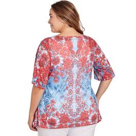 Plus Size Ruby Rd. Elbow Sleeve Floral Mirrored Overlay Blouse