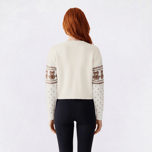 Juniors No Comment Mossy Fairisle Teddy Bear Bow Sweater-Gardenia