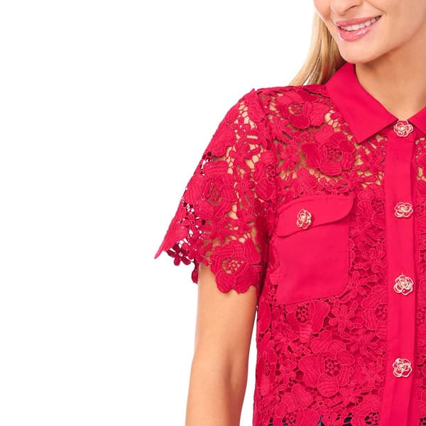 Womens Cece Short Sleeve Button Down Floral Lace Blouse