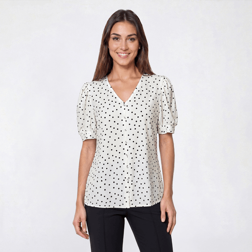Womens Adrianna Papell V-Neck Faux Front Button Dot Blouse