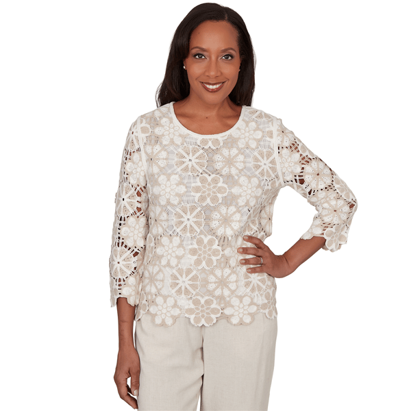 Womens Alfred Dunner Natural Wonder Floral Crochet Blouse - image 