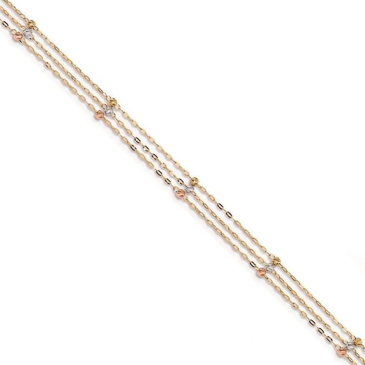 Gold Classics(tm) 14kt. Tri Color 3 Strand Diamond Cut Beaded Anklet
