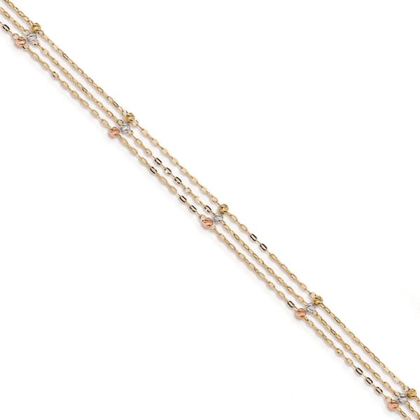 Gold Classics(tm) 14kt. Tri Color 3 Strand Diamond Cut Beaded Anklet - image 
