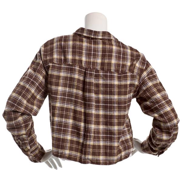 Juniors No Comment Crop Plaid Flannel Top- Brown