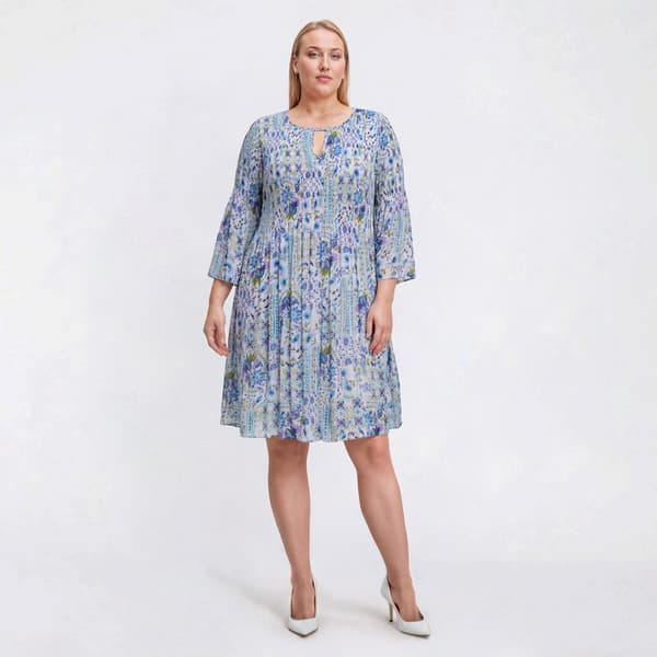Plus Size Emma & Michele Floral Pleated Keyhole Neck A-Line Dress - image 