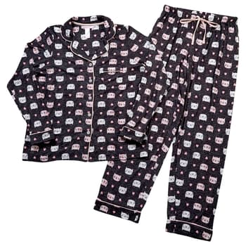 Juniors Pillow Talk Long Sleeve Cats Notch Collar Pajama Set - Boscov's