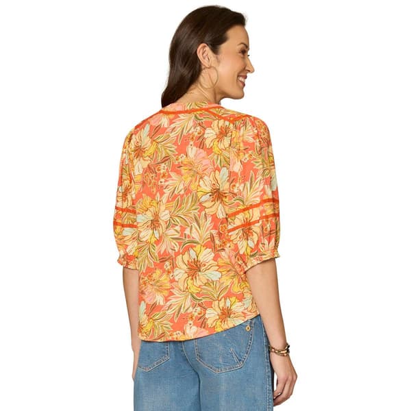 Womens Democracy Elbow Blouson Sleeve Floral Blouse