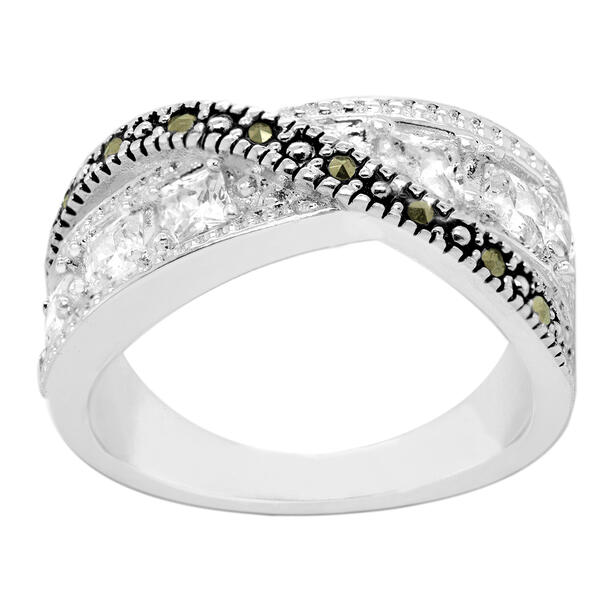 Marsala Genuine Marcasite Cubic Zirconia Bypass Band Ring - image 