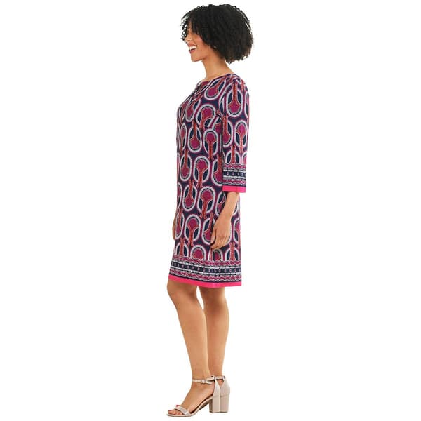 Womens Sandra Darren 3/4 Sleeve Keyhole Neck Border Shift Dress
