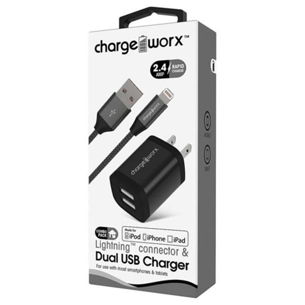 Charge Worx 2.4A Dual USB Metal Wall Charger & Lightning Cable - image 