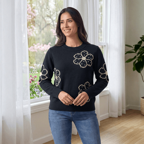 Womens Nanette Lepore Long Sleeve Crew Neck Studded Flower Sweat - image 