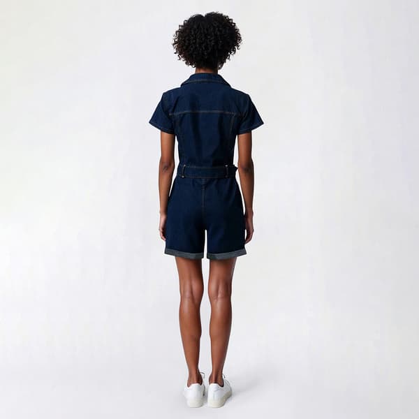 Womens bebe Short Sleeve Notched Collar Denim Short Romper