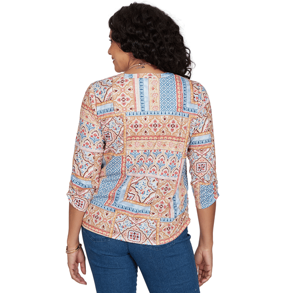 Womens Alfred Dunner Tuscany 3/4 Sleeve Patchwork Henley Blouse