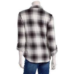 Juniors No Comment Plaid Fleece Roll Tab Sleeve Flannel- Black