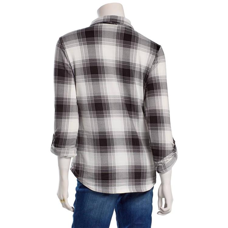 Juniors No Comment Plaid Fleece Roll Tab Sleeve Flannel- Black
