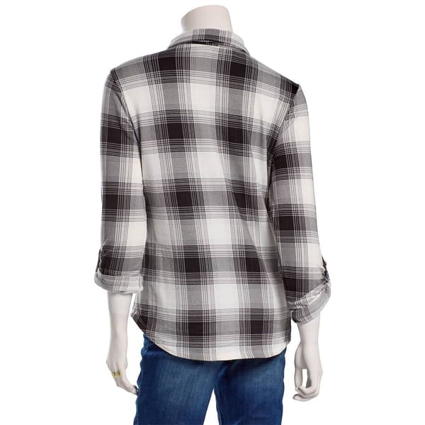 Juniors No Comment Plaid Fleece Roll Tab Sleeve Flannel- Black