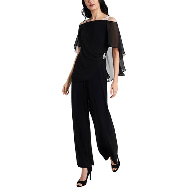 Petite MSK Solid Capelet Overlay Rhinestone Trim Jumpsuit