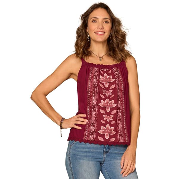 Womens Democracy Embroidered Front Knit To Woven Tank - image 