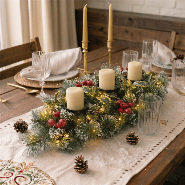 Puleo International 30in. LED Snowy Silverton Pine Centerpiece