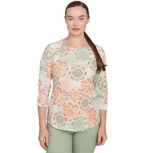 Women''s Envelope Neck Watercolor Medallion Print Knit Top