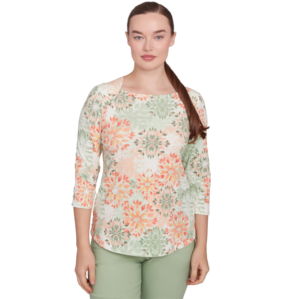 Women''s Envelope Neck Watercolor Medallion Print Knit Top - image 